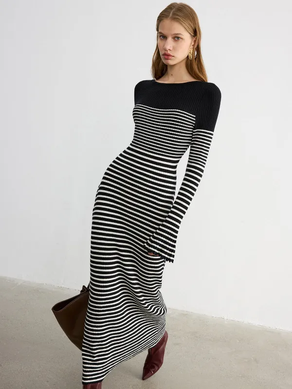 Flared Sleeve Color-Block Striped Knit Maxi Dress sold by COMMENSE
