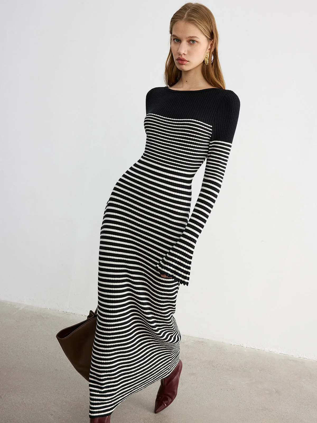 Flared Sleeve Color-Block Striped Knit Maxi Dress sold by COMMENSE