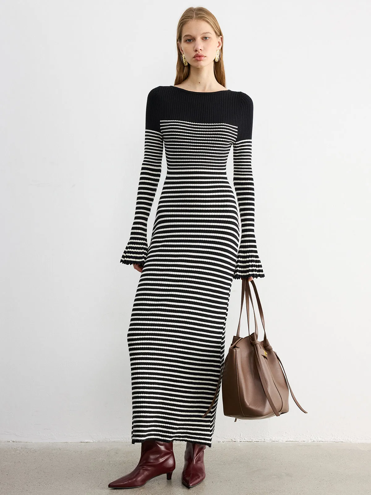 Flared Sleeve Color-Block Striped Knit Maxi Dress sold by COMMENSE product image thumbnail 2