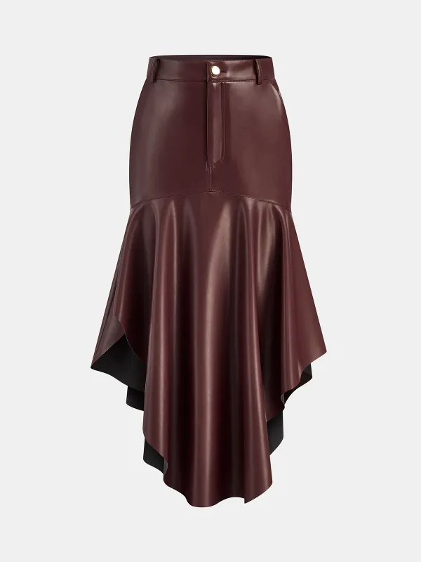 Faux Leather Asymmetric Mermaid Hem Midi Skirt sold by COMMENSE
