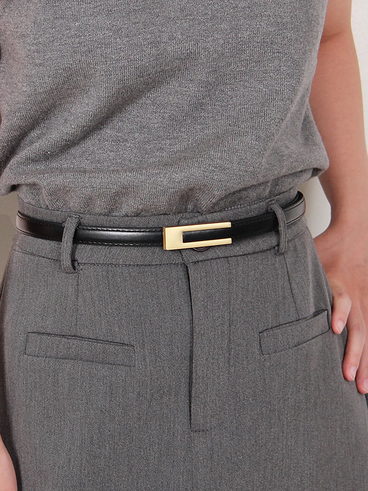 Golden Geometric Buckle PU Leather Thin Belt sold by COMMENSE product image thumbnail 2