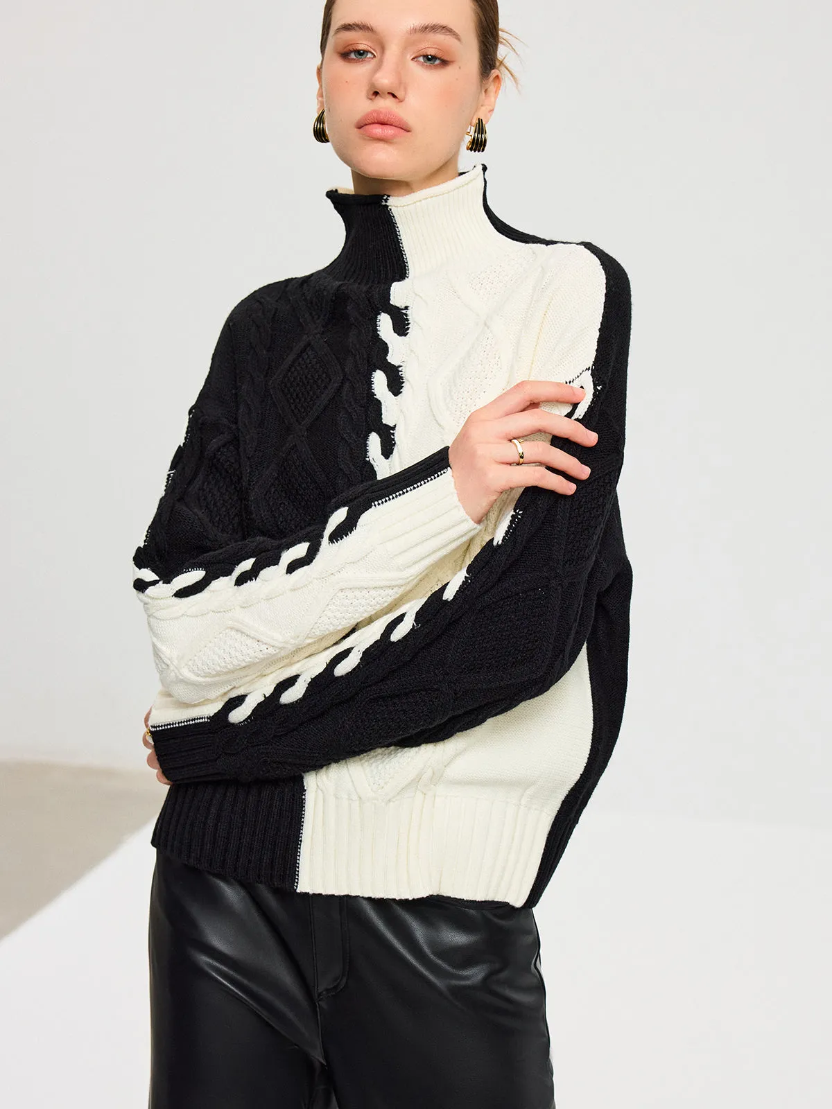 Color-Block Cable Knit Turtleneck Sweater sold by COMMENSE product image thumbnail 3