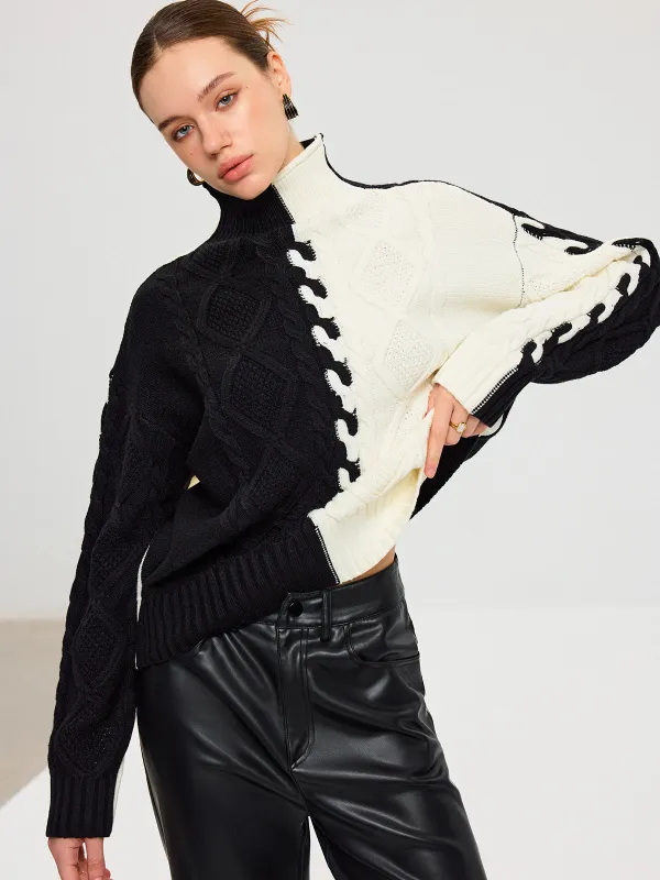 Color-Block Cable Knit Turtleneck Sweater made by COMMENSE