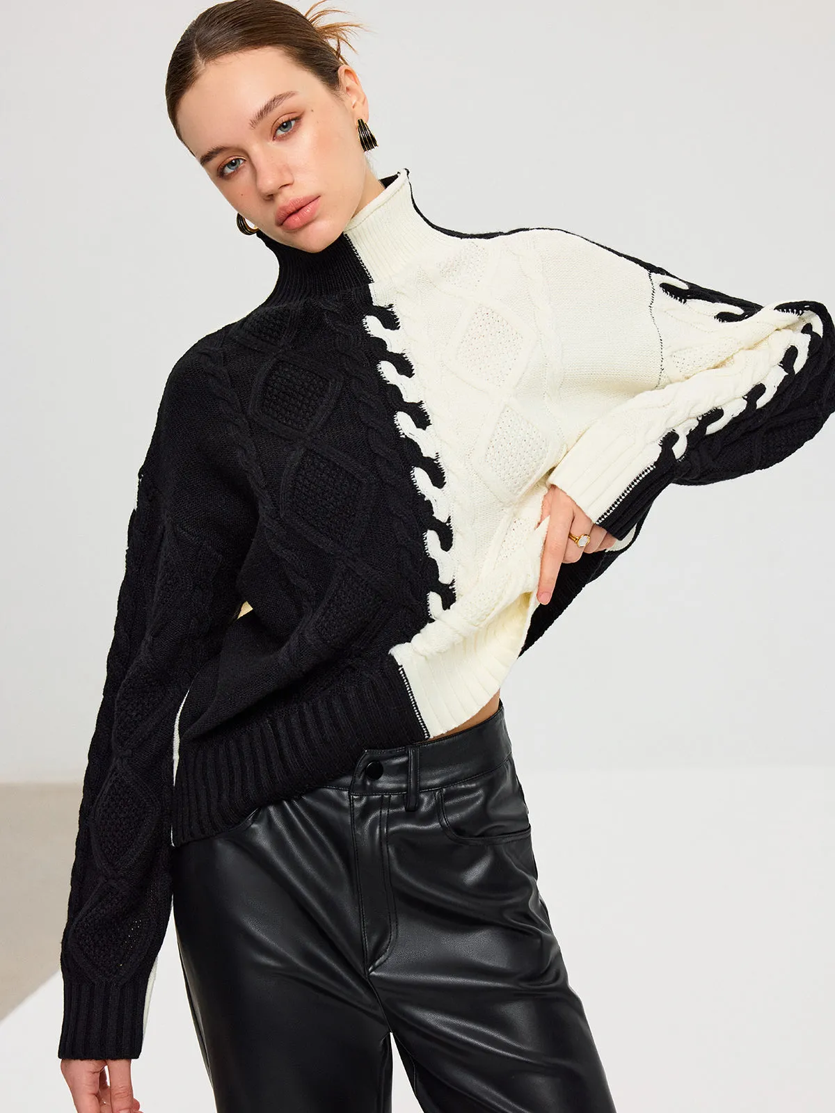 Color-Block Cable Knit Turtleneck Sweater sold by COMMENSE