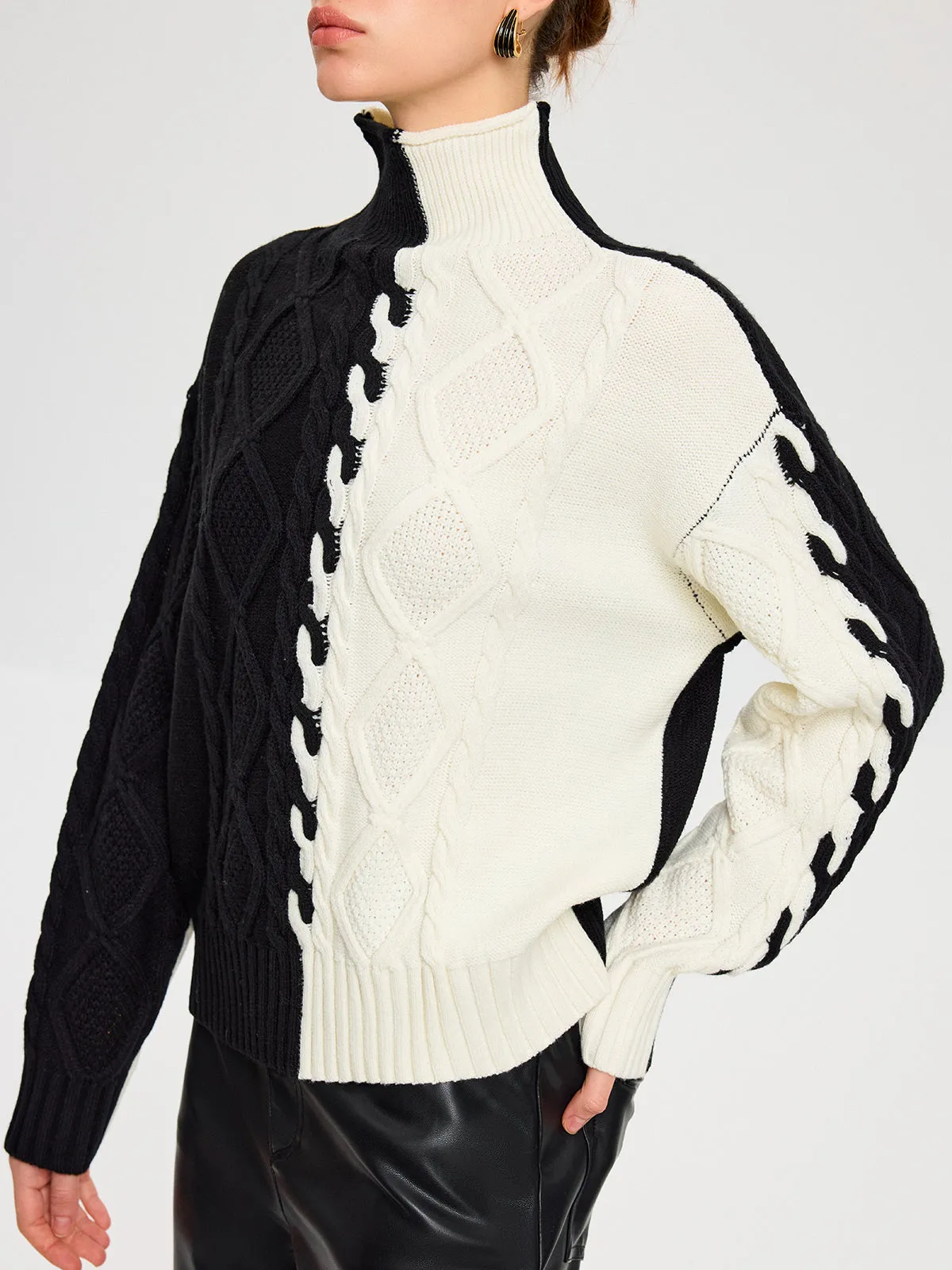 Color-Block Cable Knit Turtleneck Sweater sold by COMMENSE product image thumbnail 5