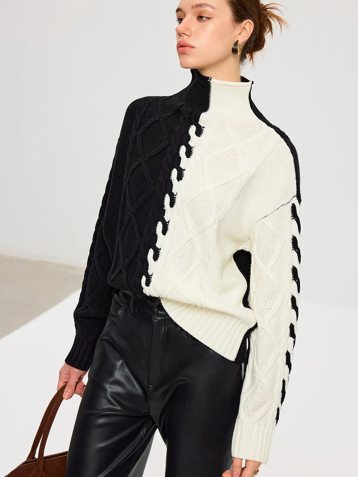 Color-Block Cable Knit Turtleneck Sweater sold by COMMENSE product image thumbnail 2
