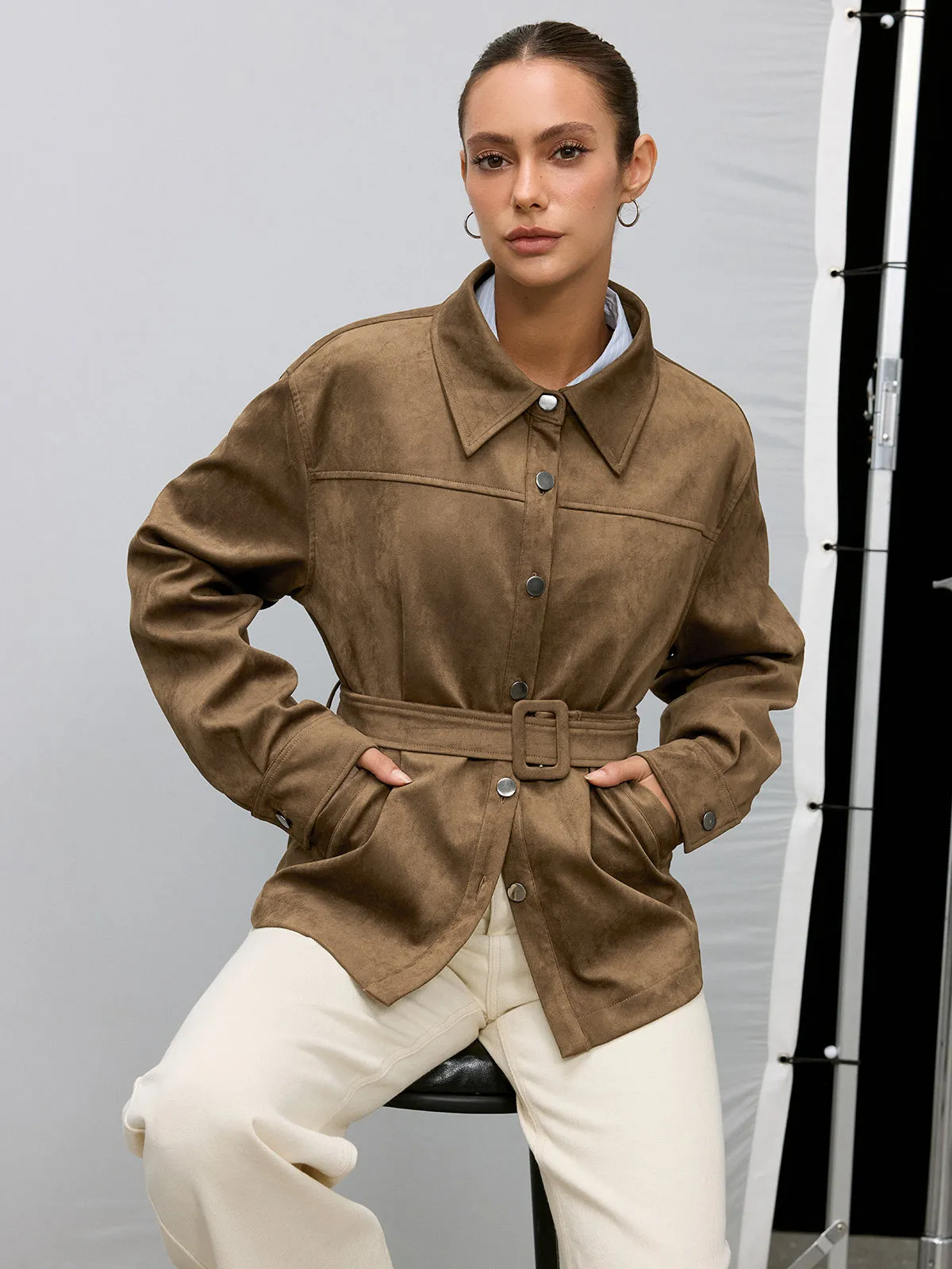 Belted Collared Suede Effect Jacket sold by COMMENSE product image thumbnail 3