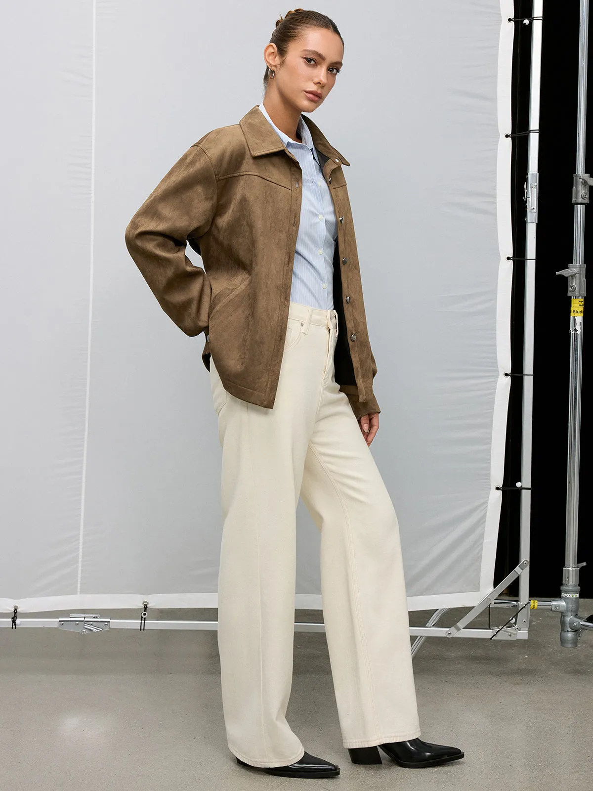 Belted Collared Suede Effect Jacket sold by COMMENSE product image thumbnail 4