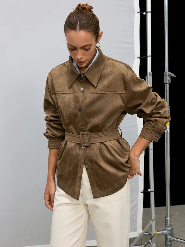 Belted Collared Suede Effect Jacket sold by COMMENSE