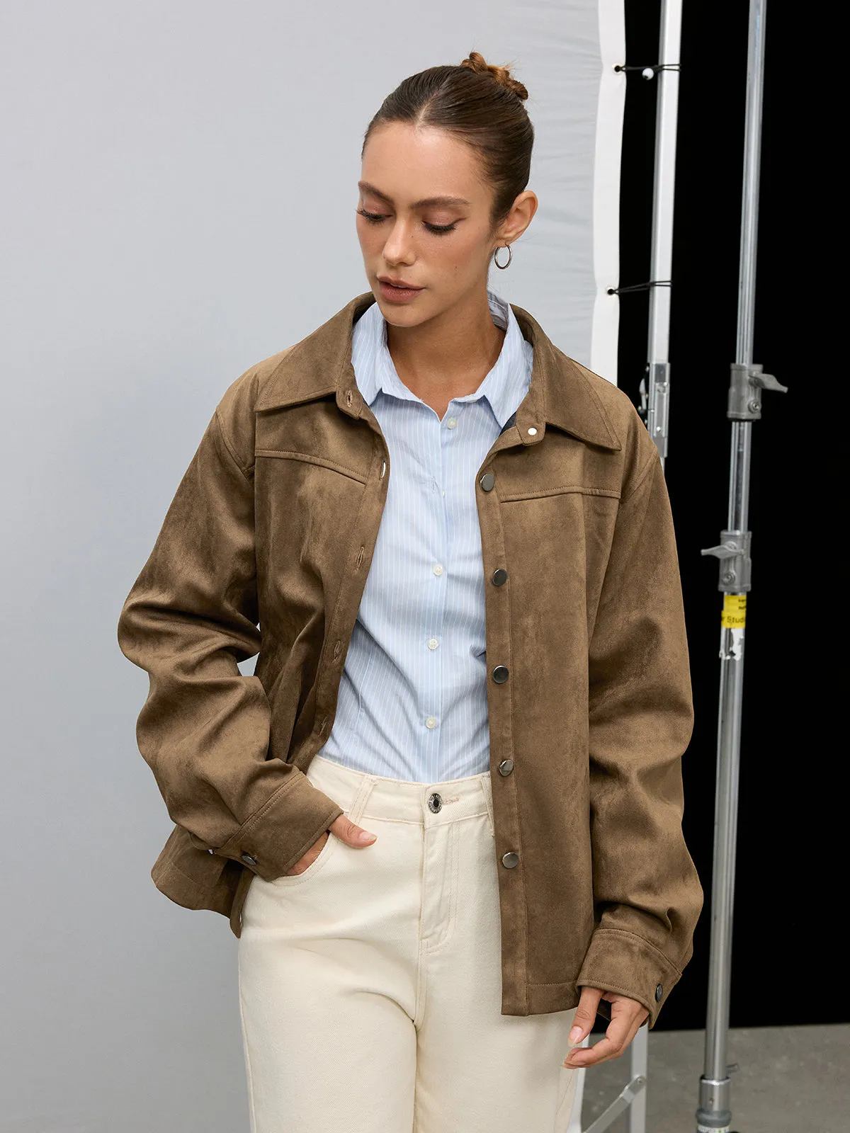Belted Collared Suede Effect Jacket sold by COMMENSE product image thumbnail 5