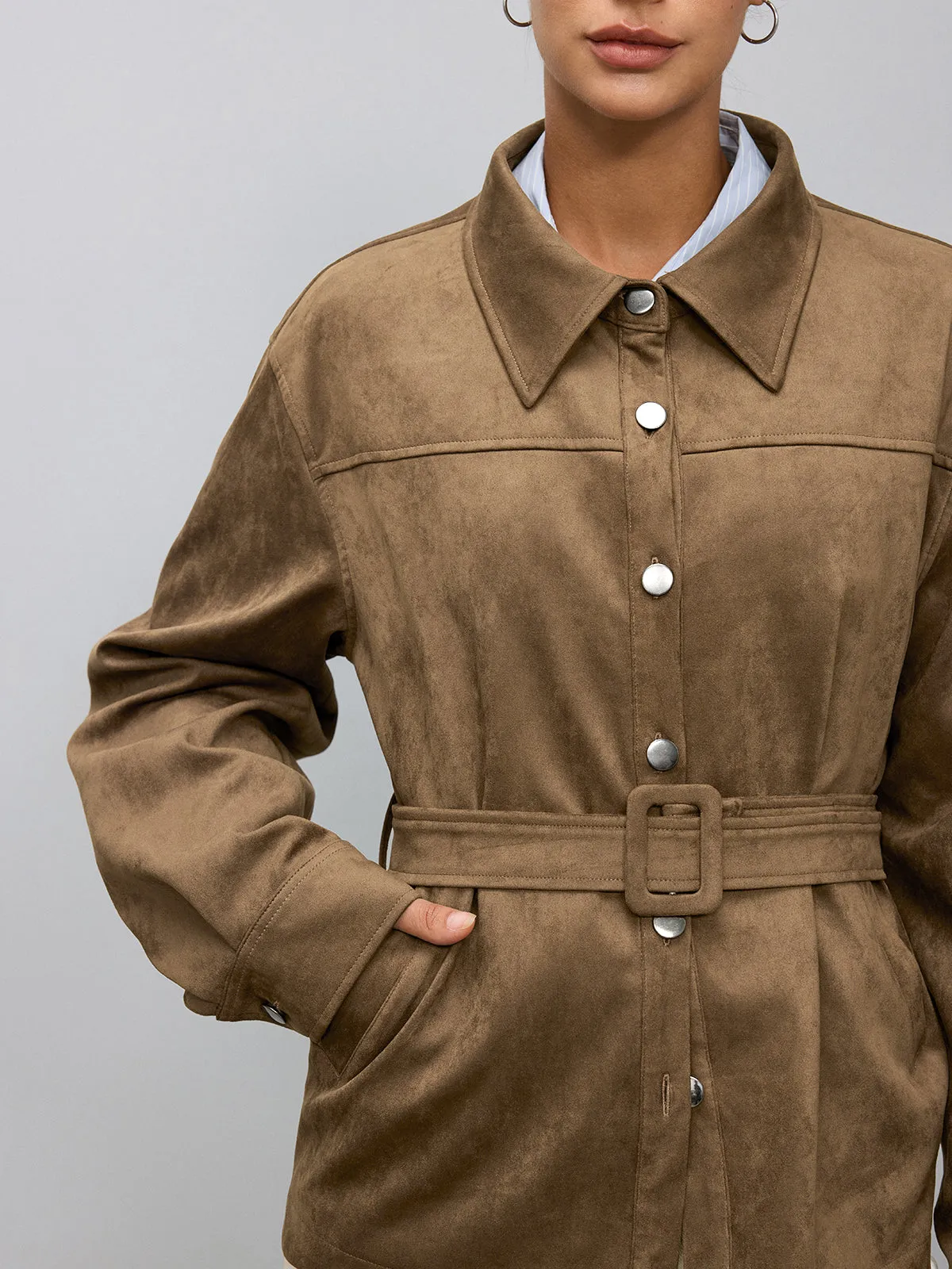 Belted Collared Suede Effect Jacket sold by COMMENSE product image thumbnail 2
