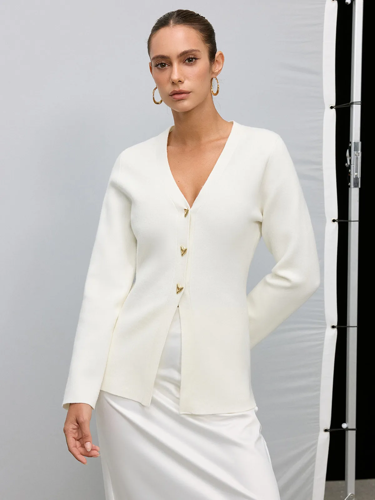 Metal Button V-Neck Knitted Cardigan sold by COMMENSE product image thumbnail 3