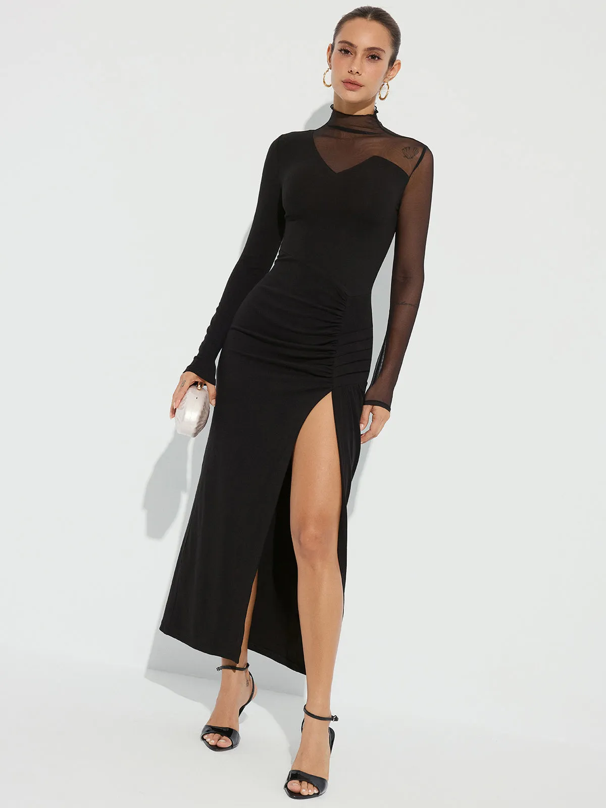 High Slit Ruched Mesh Panel Maxi Dress sold by COMMENSE product image thumbnail 2