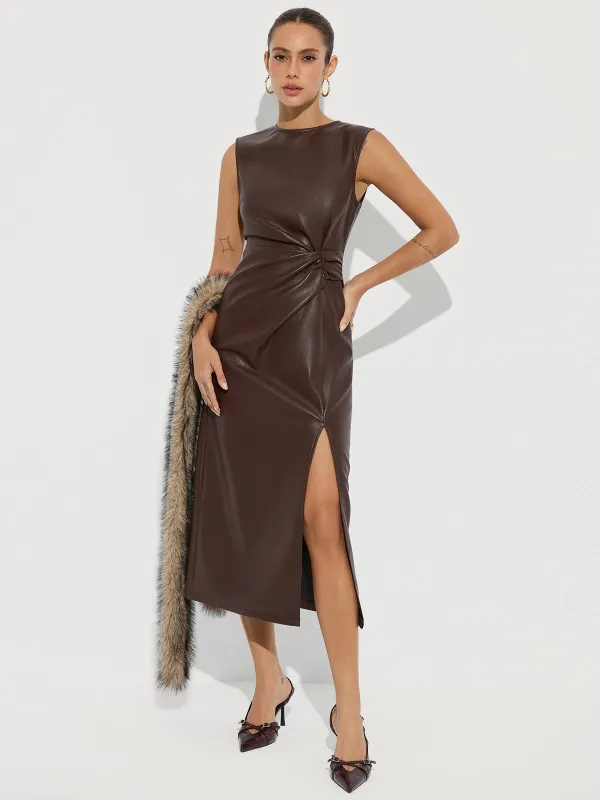 Twisted Faux Leather Sleeveless Slit Midi Dress sold by COMMENSE