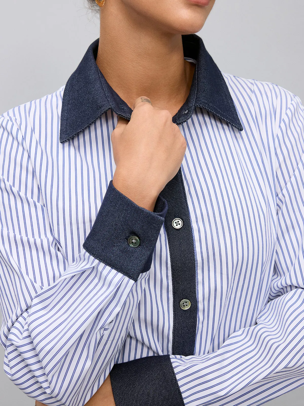 Denim Panel Striped Long-Sleeve Shirt sold by COMMENSE product image thumbnail 3