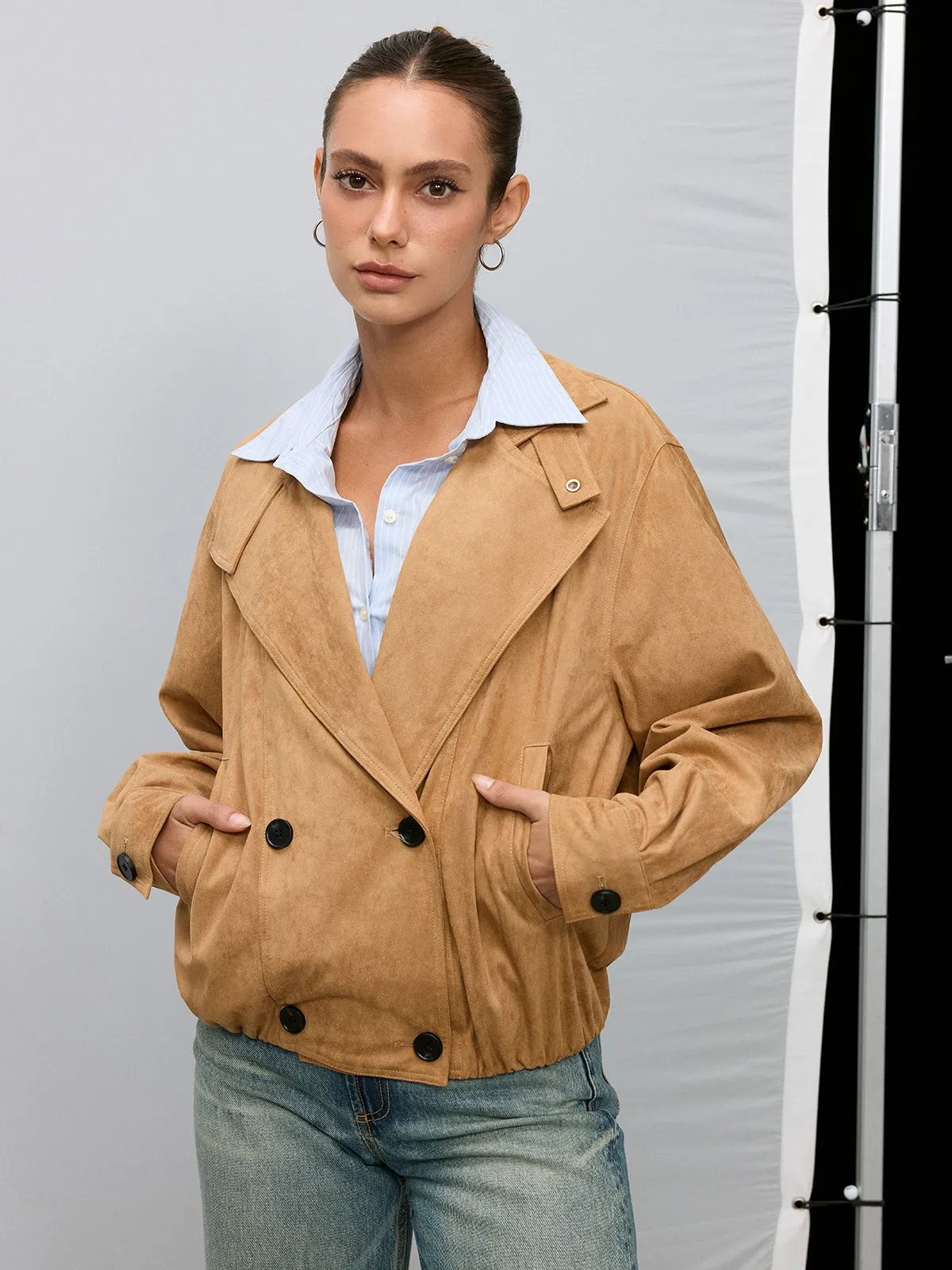 Double-Breasted Suede Effect Trench Coat sold by COMMENSE product image thumbnail 4