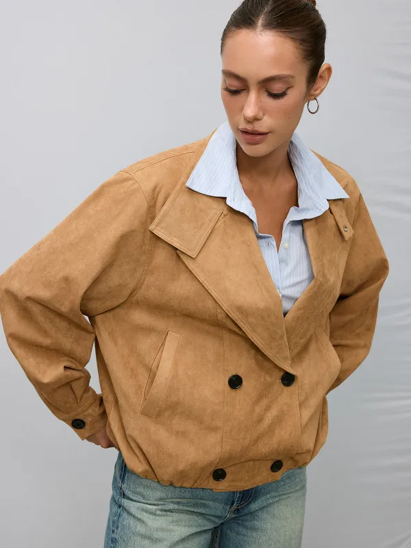 Double-Breasted Suede Effect Trench Coat sold by COMMENSE
