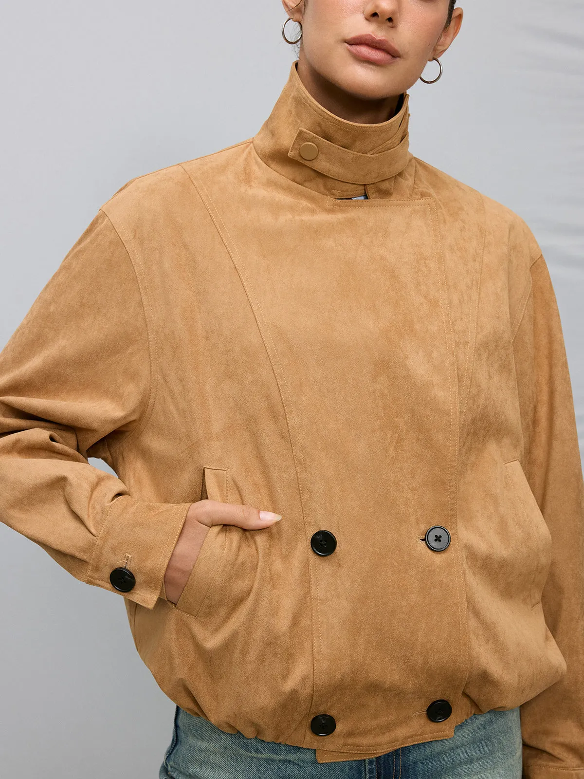 Double-Breasted Suede Effect Trench Coat sold by COMMENSE product image thumbnail 5