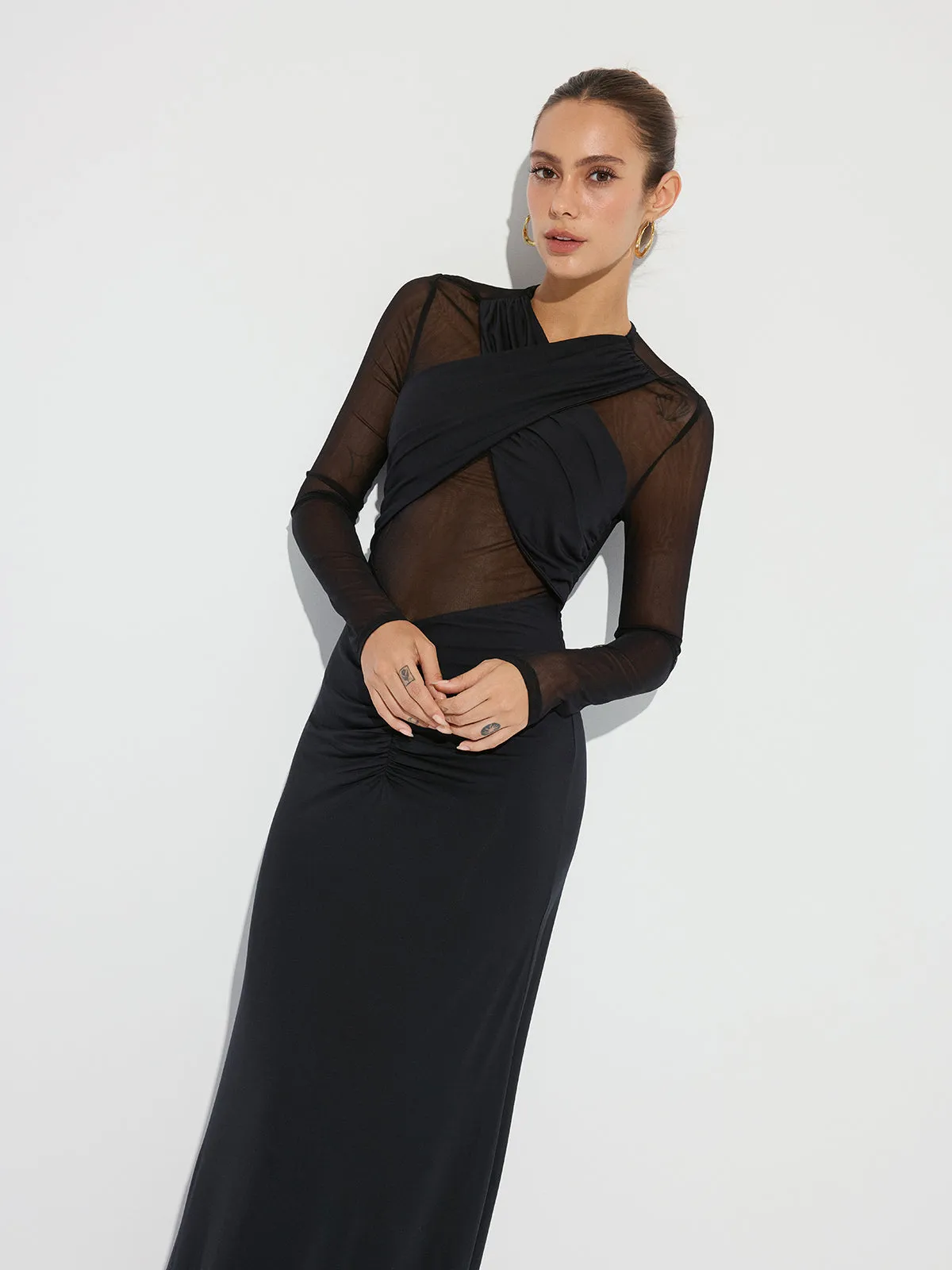 Cross-Front Ruched Mesh Paneled Maxi Dress sold by COMMENSE product image thumbnail 4