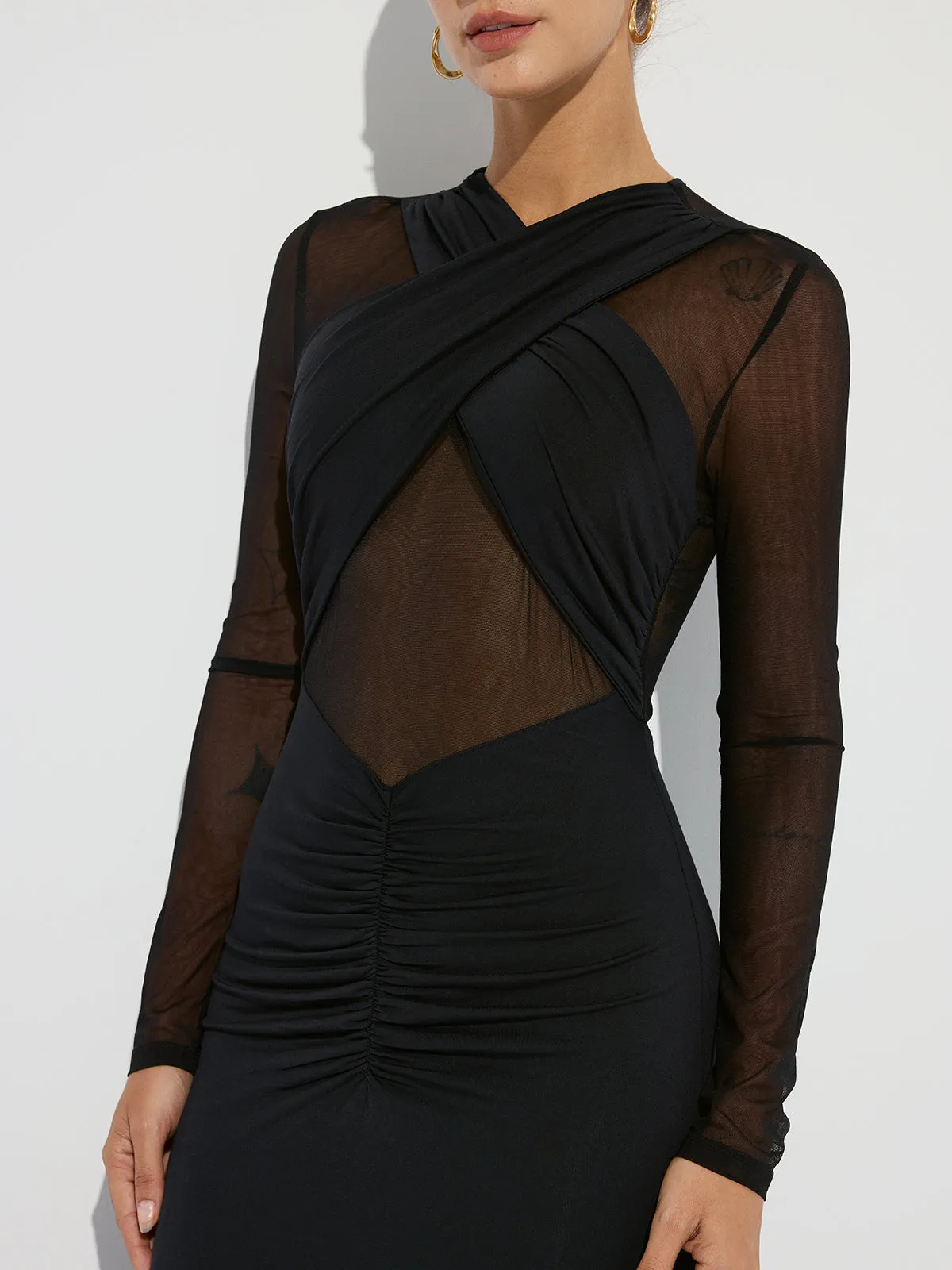 Cross-Front Ruched Mesh Paneled Maxi Dress sold by COMMENSE product image thumbnail 5