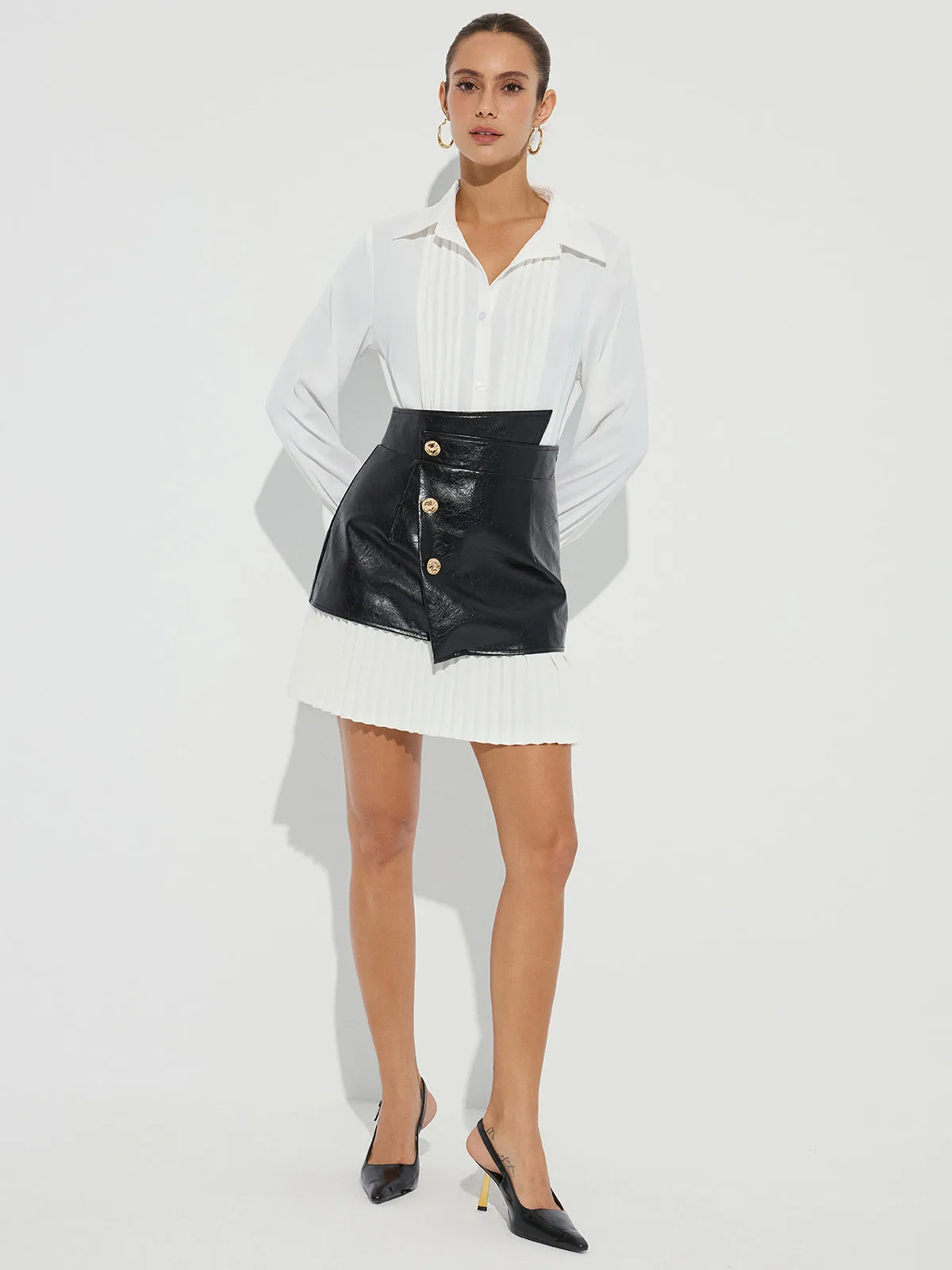 Pleated Panel Faux Leather Asymmetric Mini Skirt sold by COMMENSE product image thumbnail 2