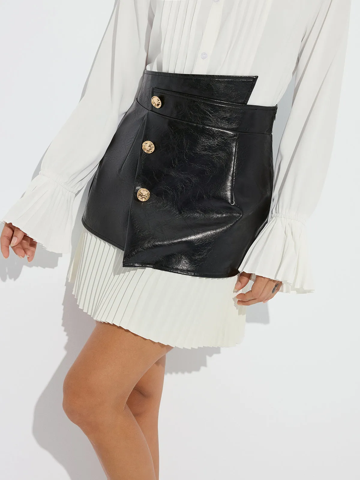 Pleated Panel Faux Leather Asymmetric Mini Skirt sold by COMMENSE product image thumbnail 4