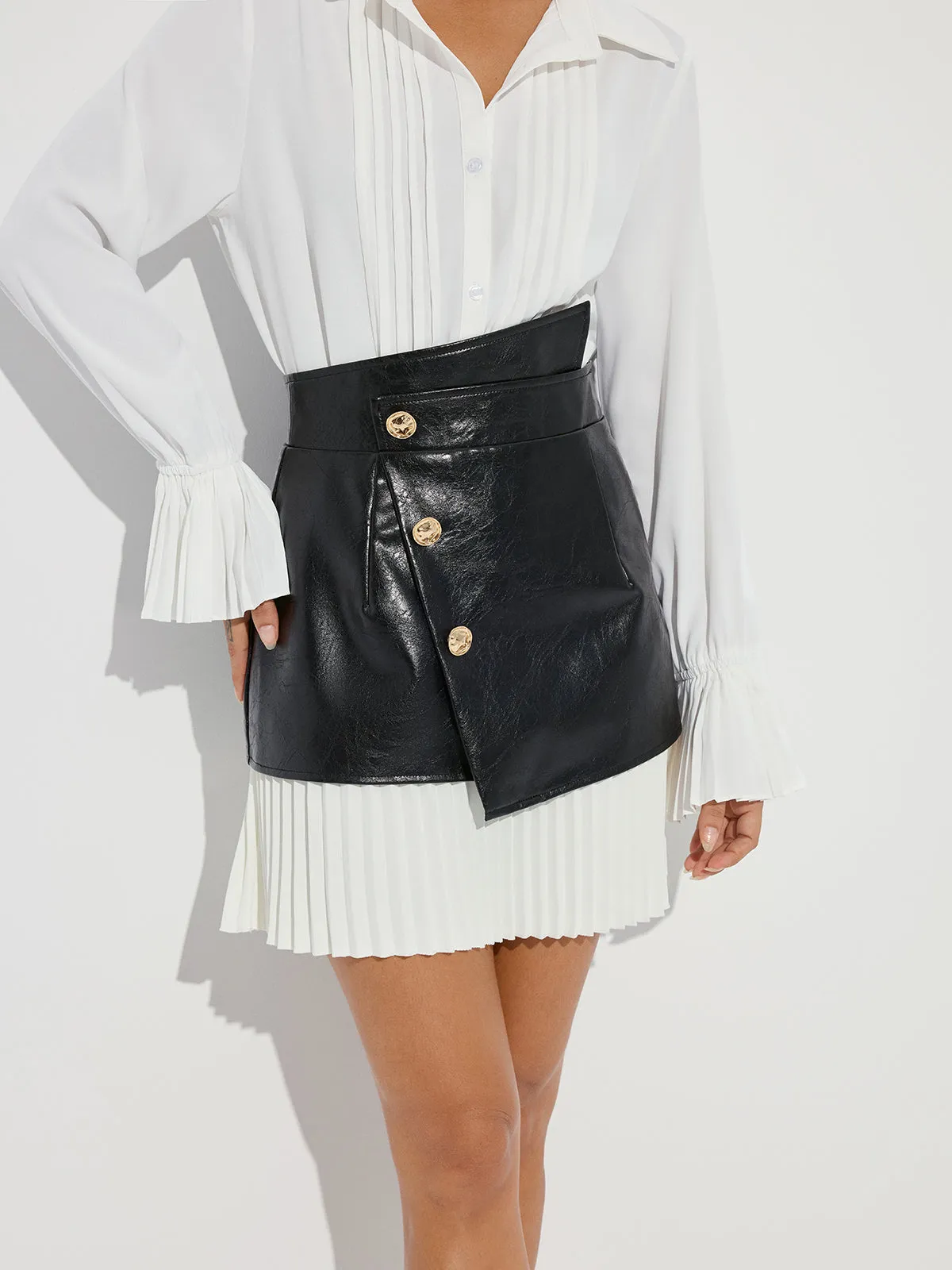 Pleated Panel Faux Leather Asymmetric Mini Skirt sold by COMMENSE product image thumbnail 5