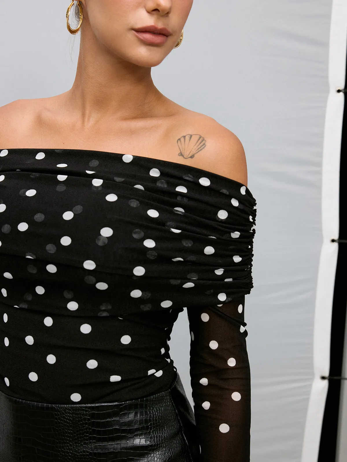 Off-Shoulder Polka Dot Chiffon Blouse sold by COMMENSE product image thumbnail 2