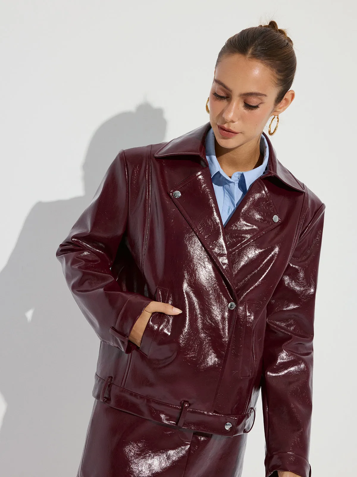 Lapel Faux Leather Jacket sold by COMMENSE product image thumbnail 4
