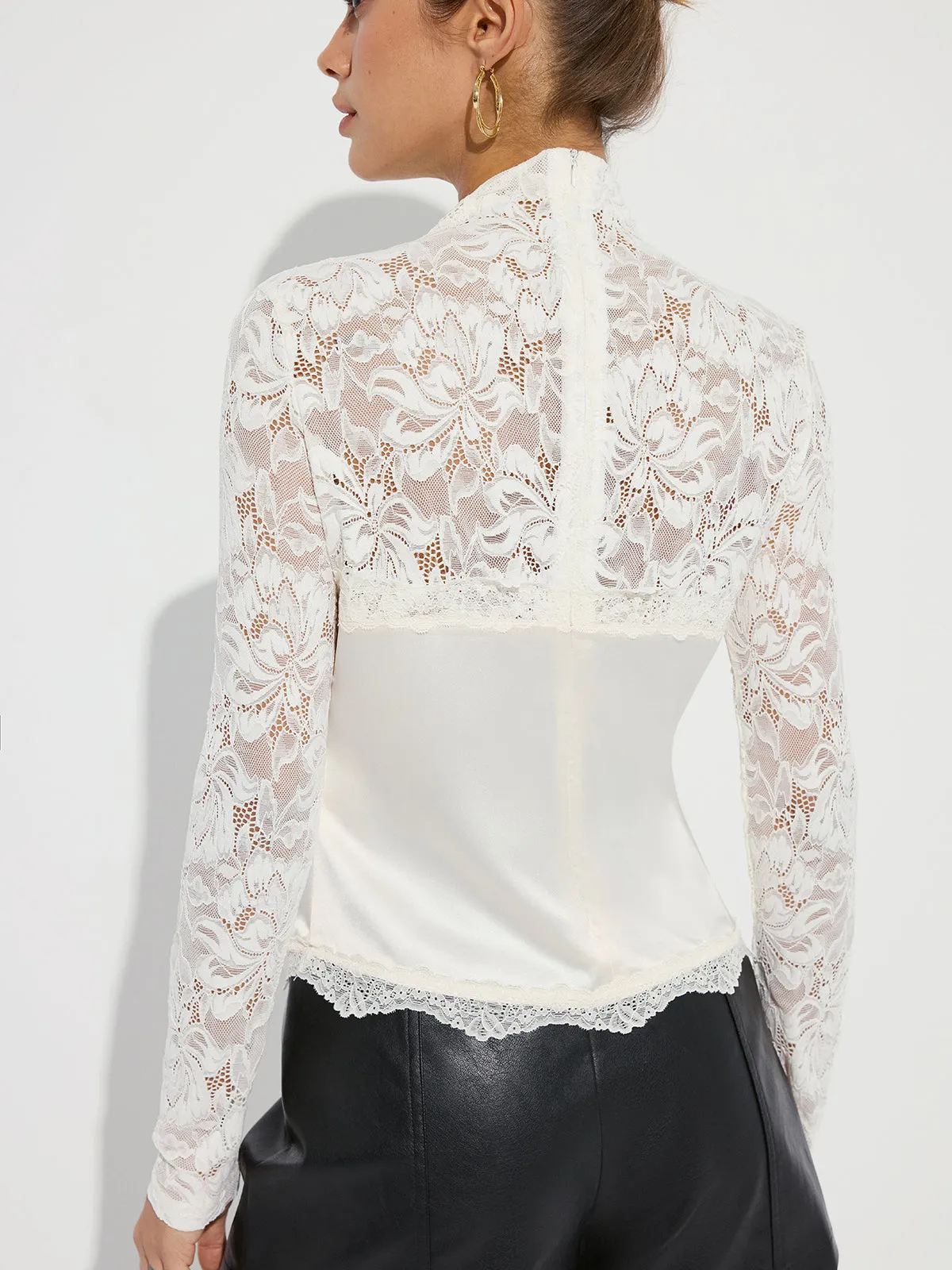 Mock Neck Lace Paneled Satin Blouse sold by COMMENSE product image thumbnail 5