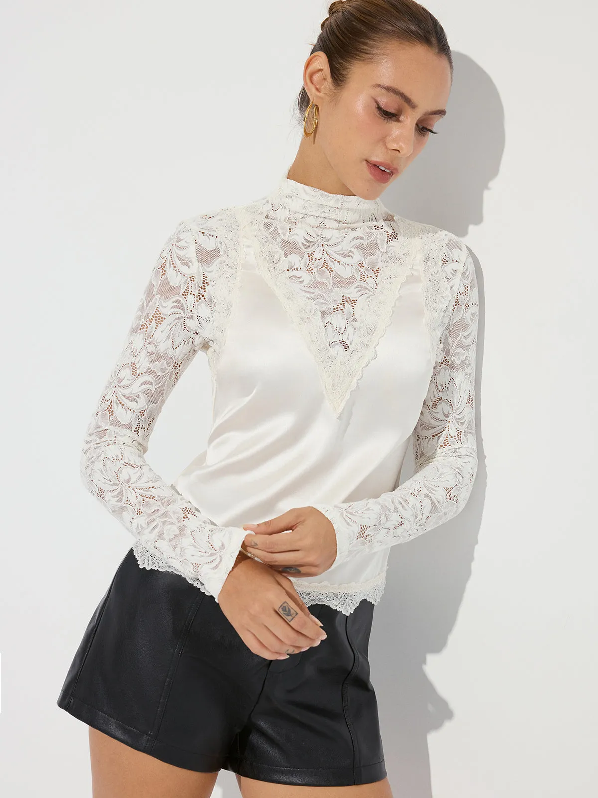 Mock Neck Lace Paneled Satin Blouse sold by COMMENSE product image thumbnail 3