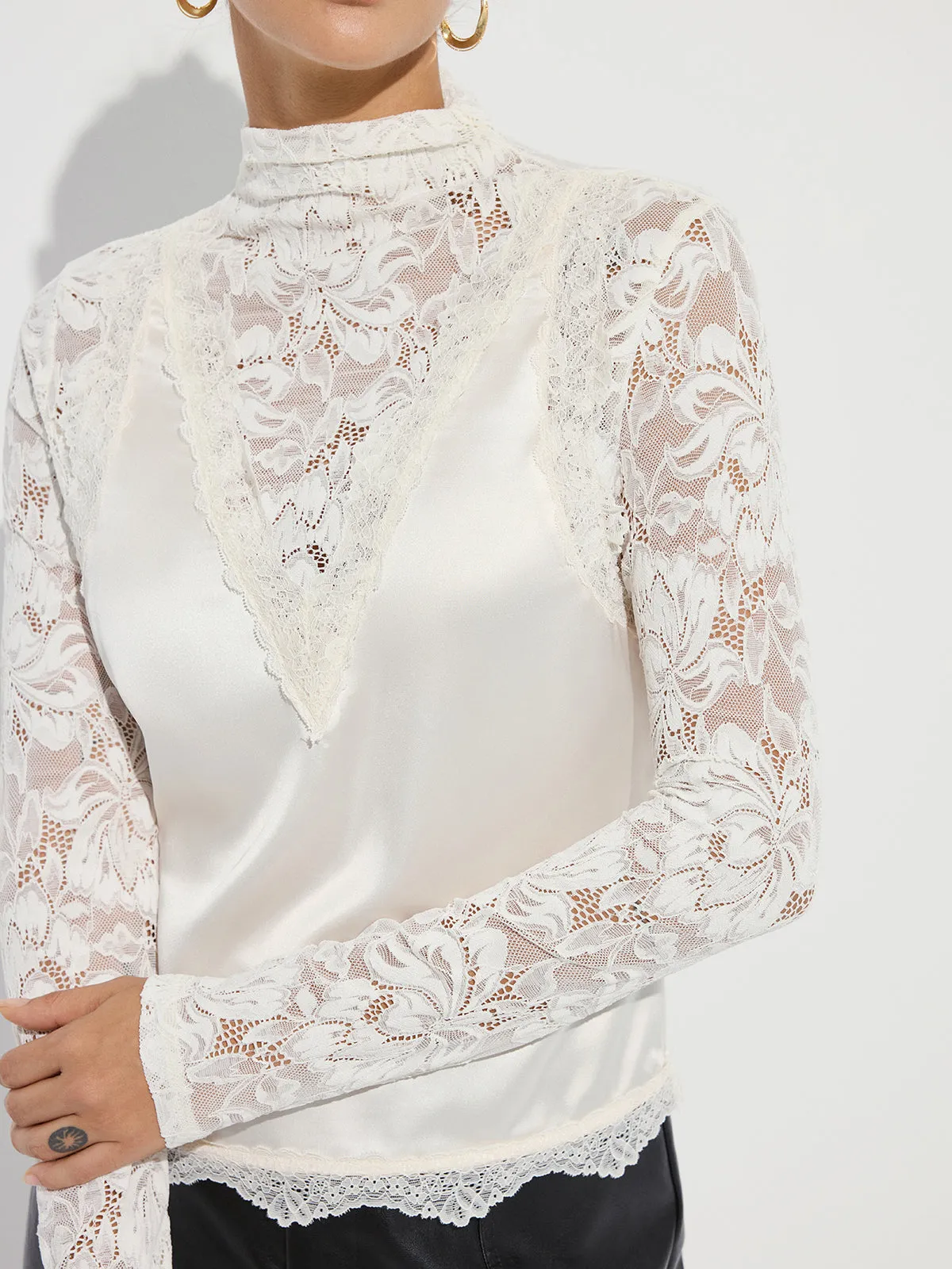 Mock Neck Lace Paneled Satin Blouse sold by COMMENSE