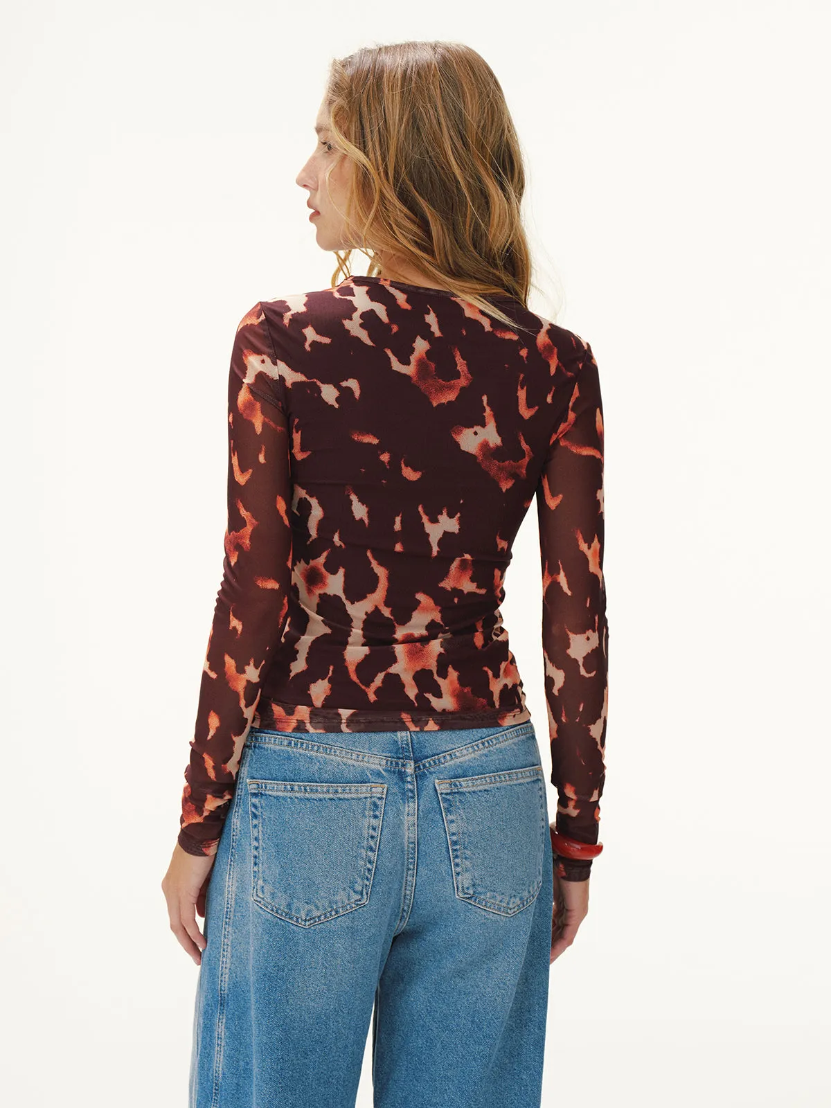 Leopard Print Mesh Fitted Long-Sleeve Top sold by COMMENSE product image thumbnail 4