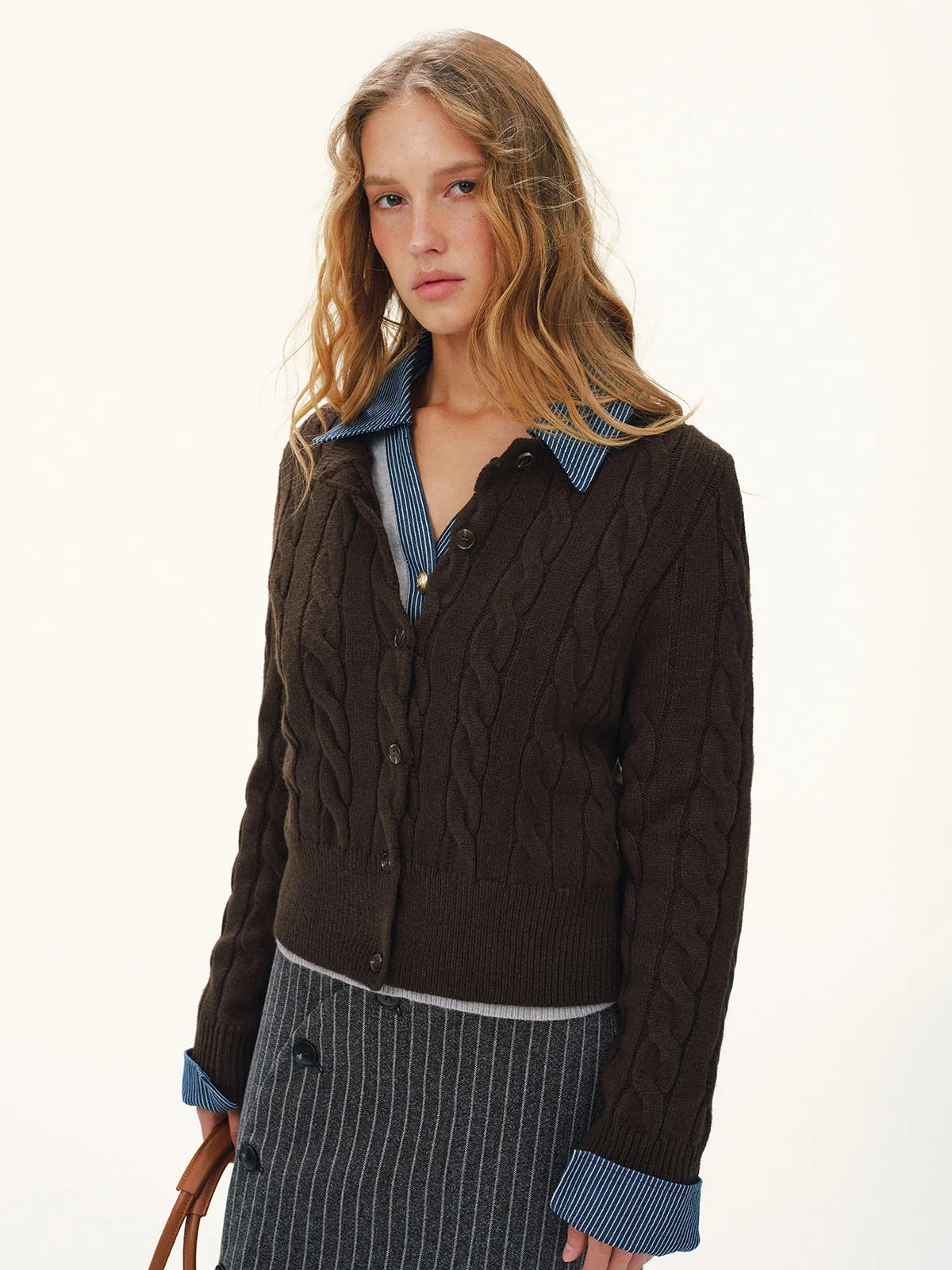 Button-Front Cable-Knit Cardigan sold by COMMENSE product image thumbnail 3