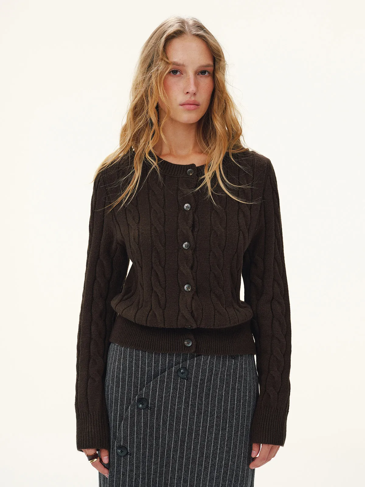 Button-Front Cable-Knit Cardigan sold by COMMENSE product image thumbnail 4