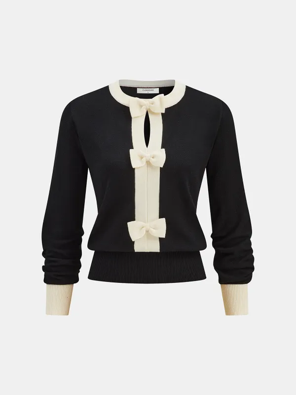 Contrast Trim Bow Detail Knit Top sold by COMMENSE