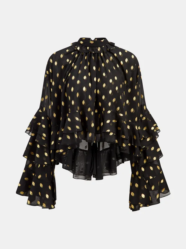 Semi-Sheer Foil Spot Print Ruffle Chiffon Blouse sold by COMMENSE