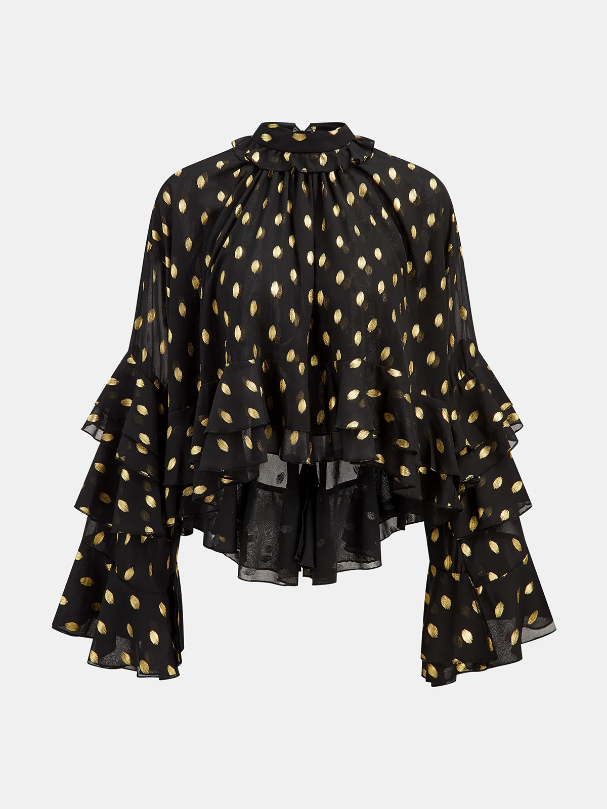 Semi-Sheer Foil Spot Print Ruffle Chiffon Blouse sold by COMMENSE