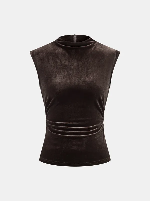 Mock Neck Ruched Velvet Sleeveless Top sold by COMMENSE