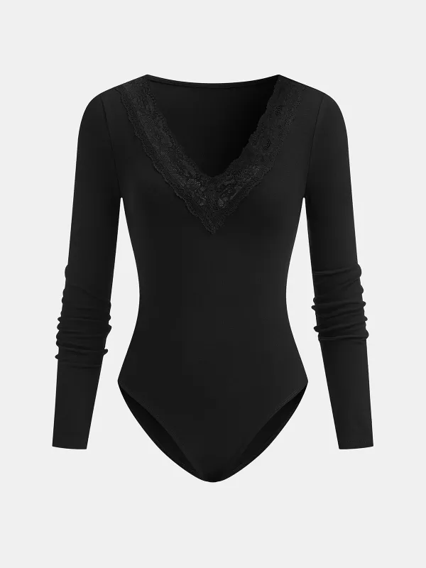 V-Neck Lace Trim Long Sleeve Bodysuit sold by COMMENSE