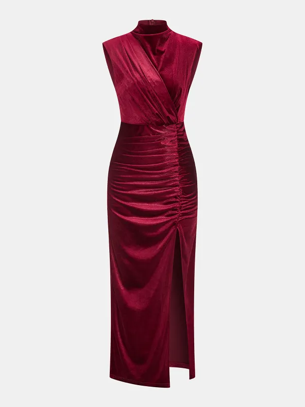 Sleeveless Side Slit Velvet Mock Neck Maxi Dress sold by COMMENSE