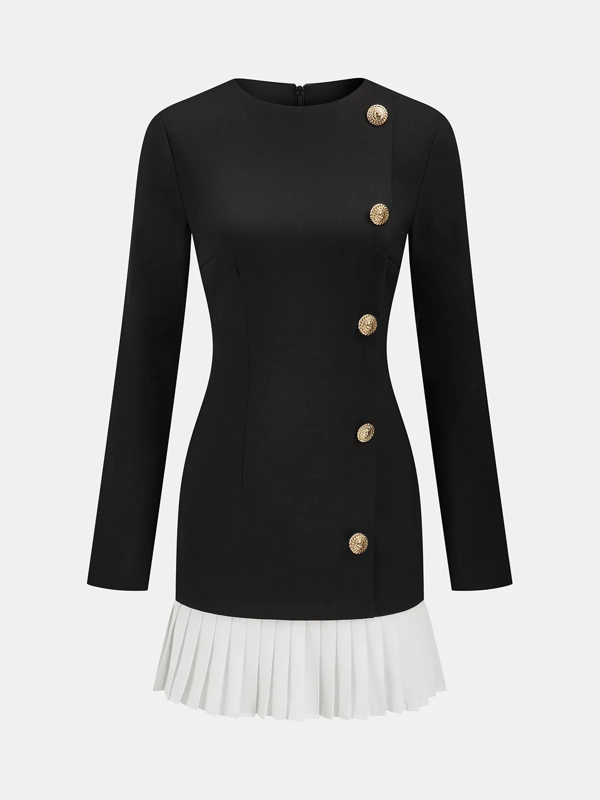 Pleated Hem Panel Asymmetric Metal Detail Mini Dress sold by COMMENSE