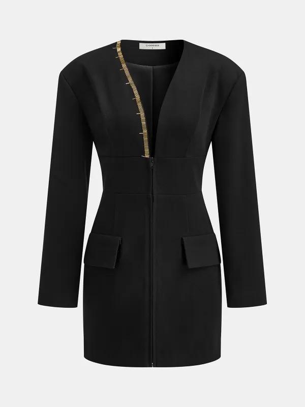 Zip-Front Gold Embellished Mini Dress sold by COMMENSE