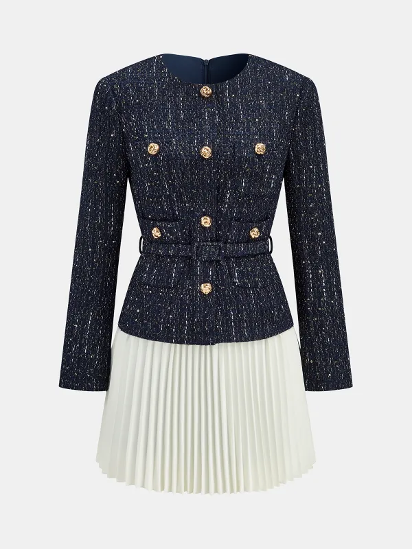 Pleated Hem Panel Tweed Belted Mini Dress sold by COMMENSE