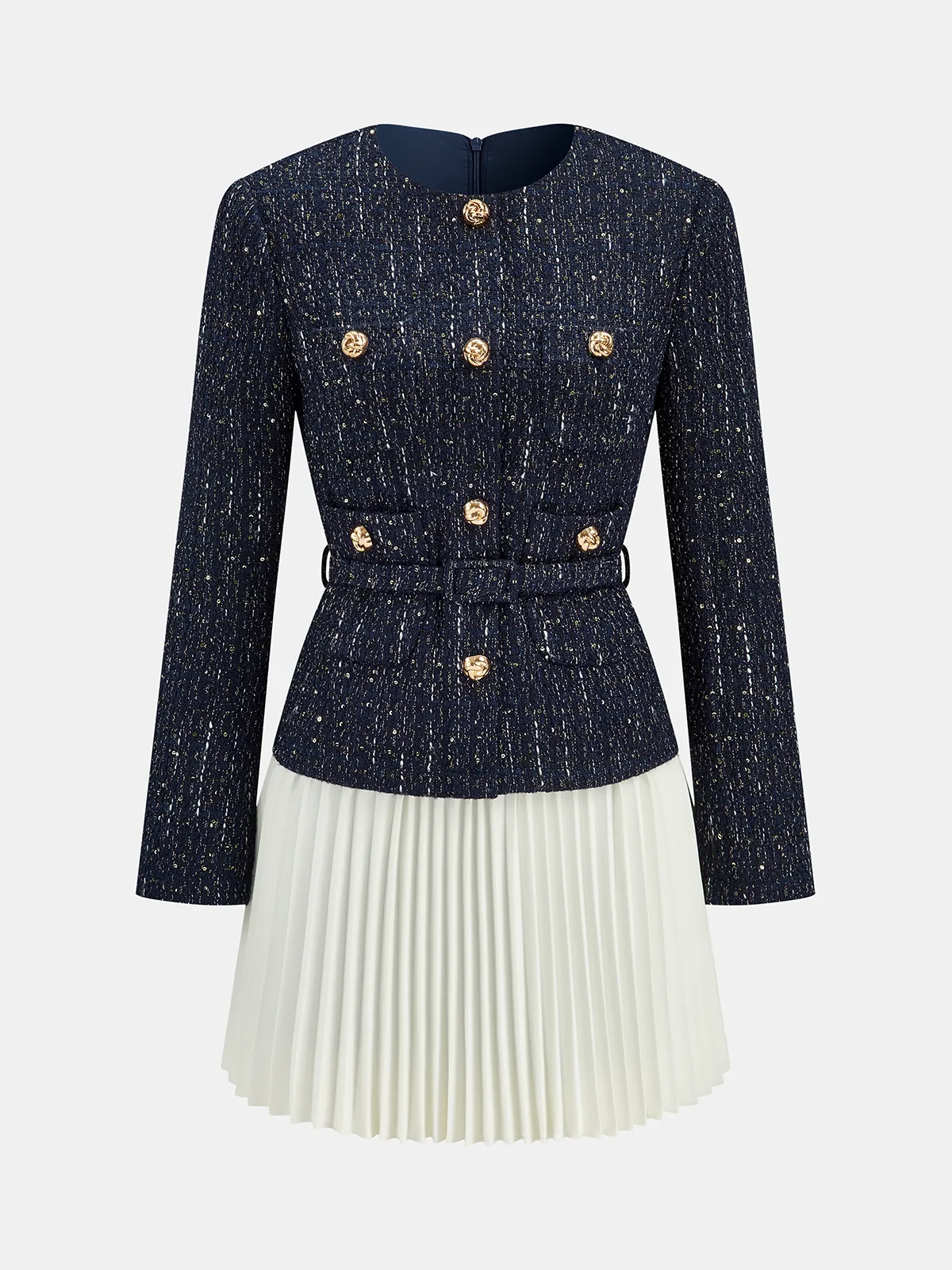 Pleated Hem Panel Tweed Belted Mini Dress sold by COMMENSE