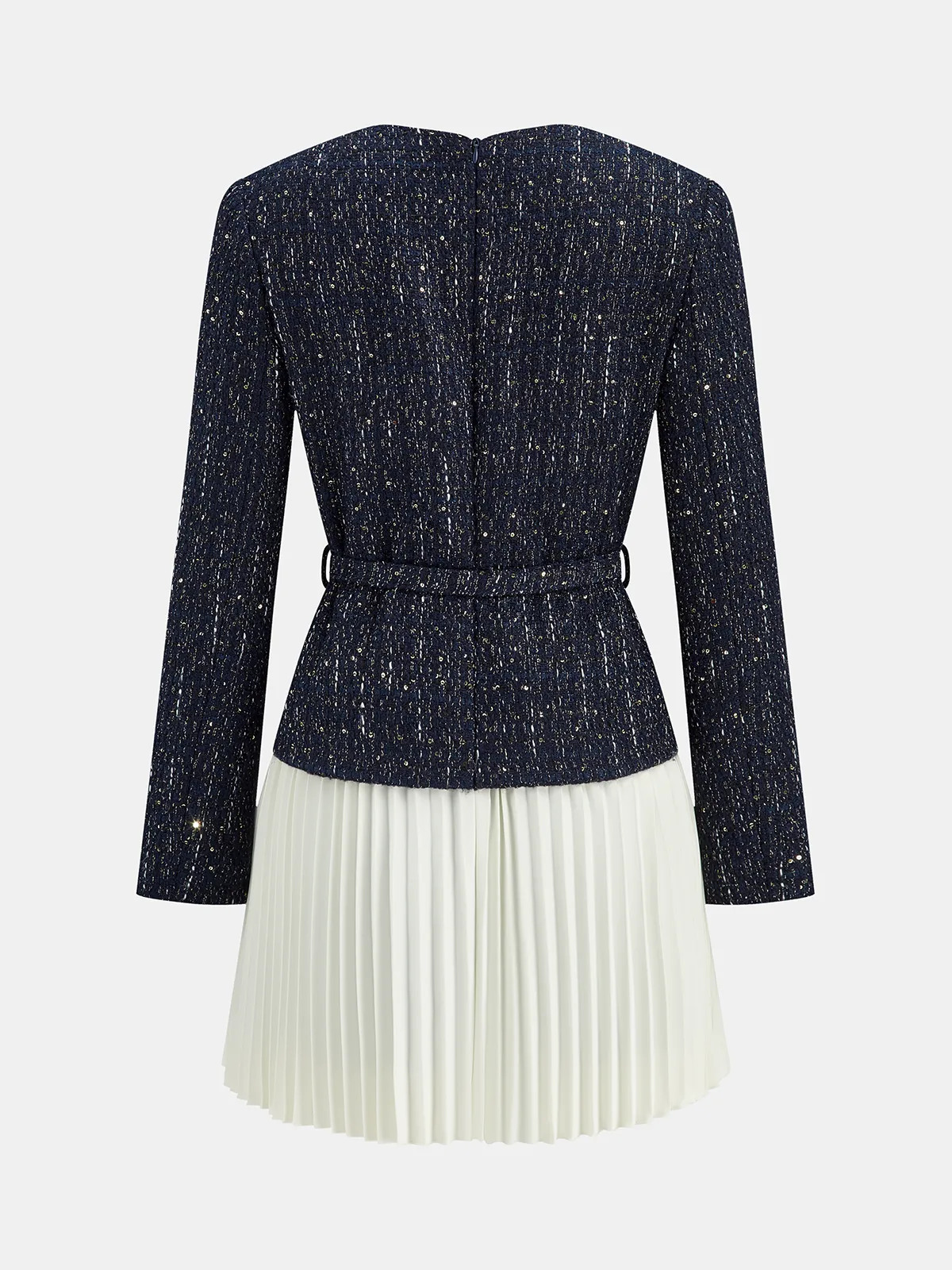 Pleated Hem Panel Tweed Belted Mini Dress sold by COMMENSE product image thumbnail 2