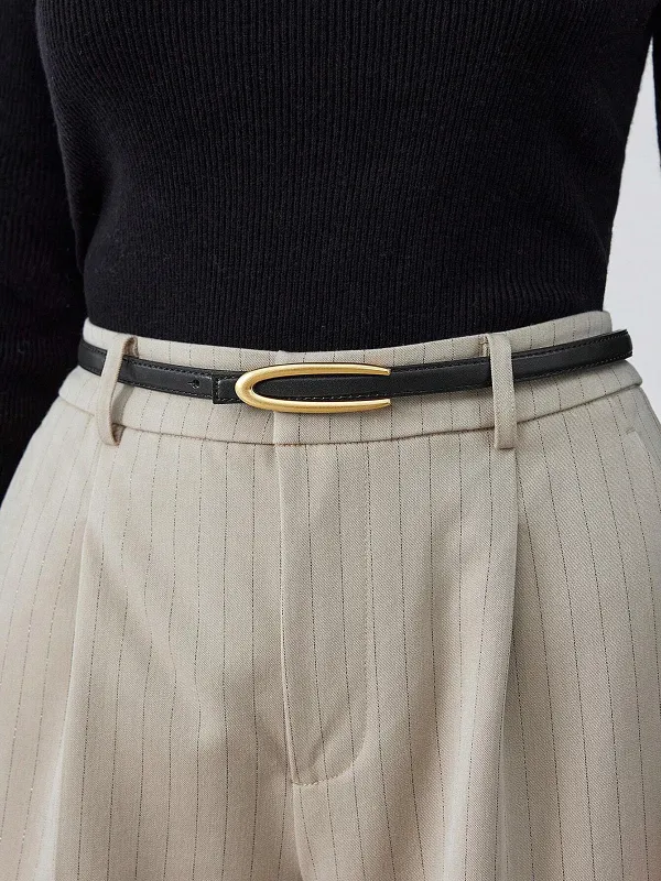 Gold Oval Buckle PU Leather Thin Belt sold by COMMENSE