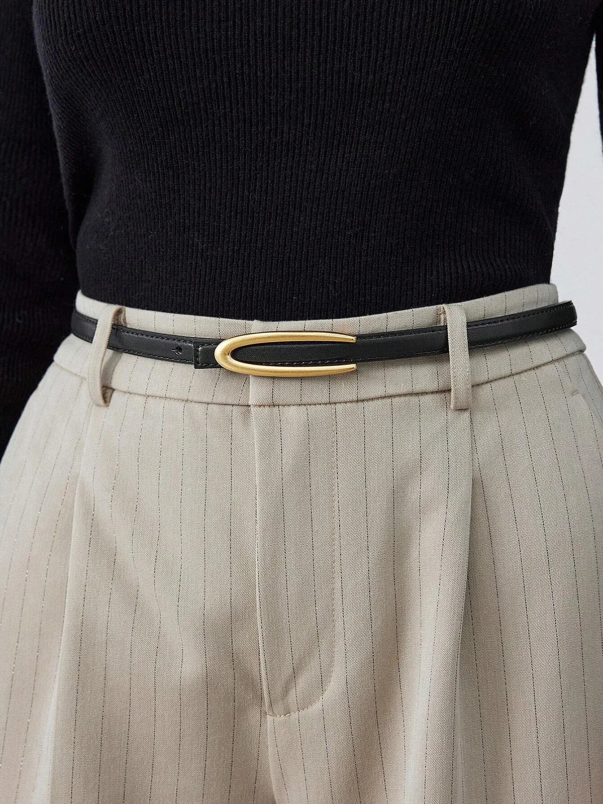 Gold Oval Buckle PU Leather Thin Belt sold by COMMENSE