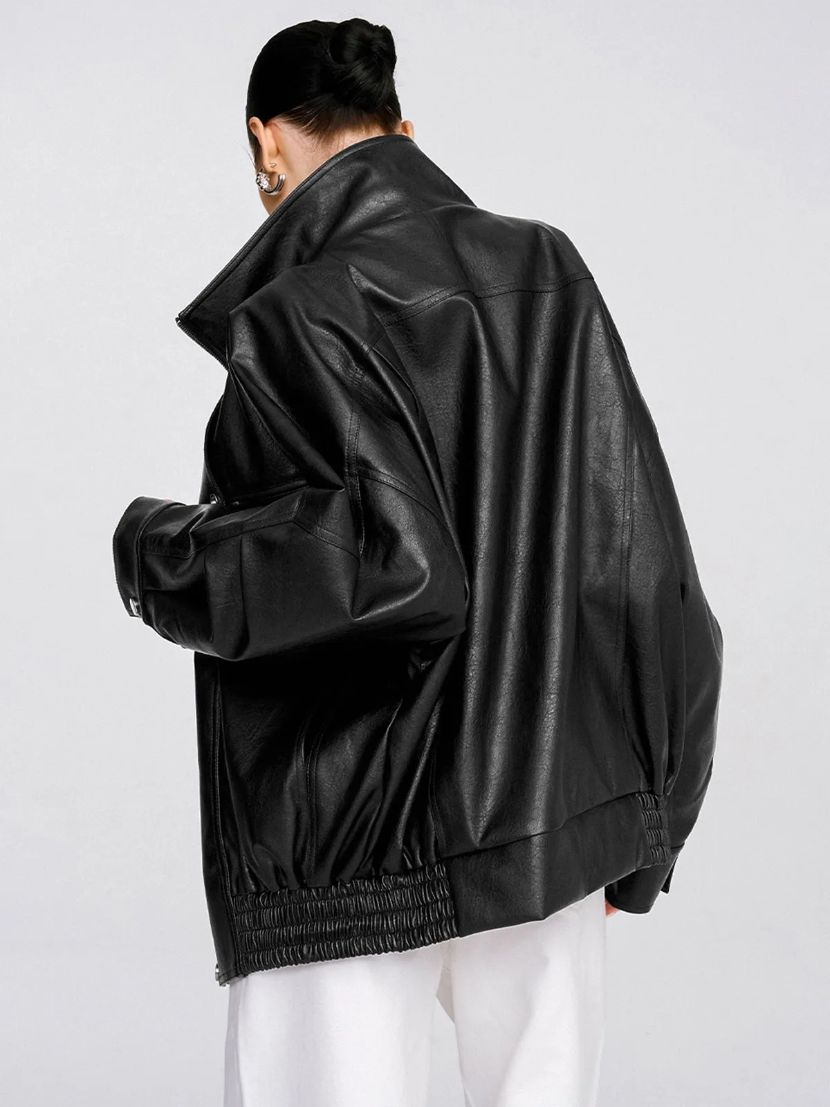 Collared Oversized PU Leather Jacket sold by COMMENSE product image thumbnail 4