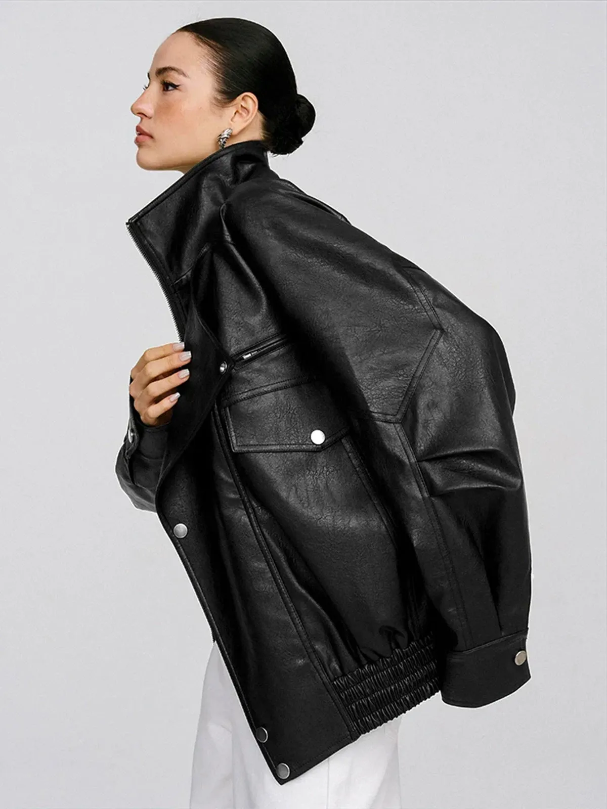 Collared Oversized PU Leather Jacket sold by COMMENSE